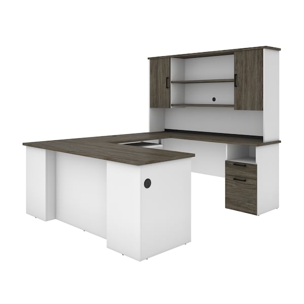 Norma U-Shaped Desk with Hutch, Walnut Grey & White